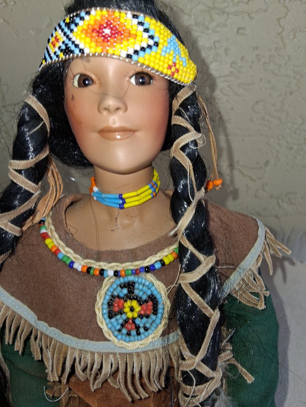 Beaded Native-Inspired Decorative Doll with Yellow & Blue Headband
